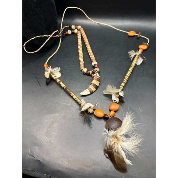 Artisan Necklace Mens Wood Feathers Nut Seeds Claw Stones Handmade Double Strand